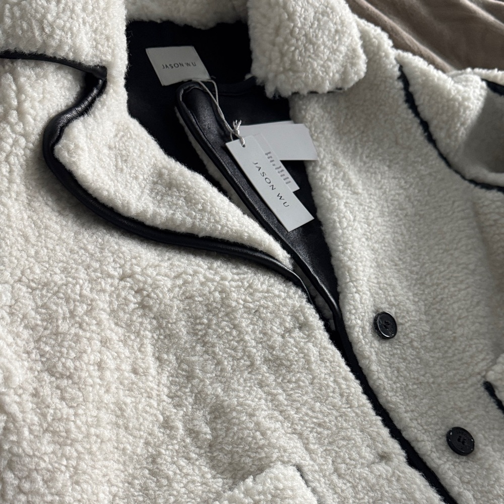 Jason Wu Sherpa button coat faux leather trim Women's Cream black Jacket large - Picture 4 of 4